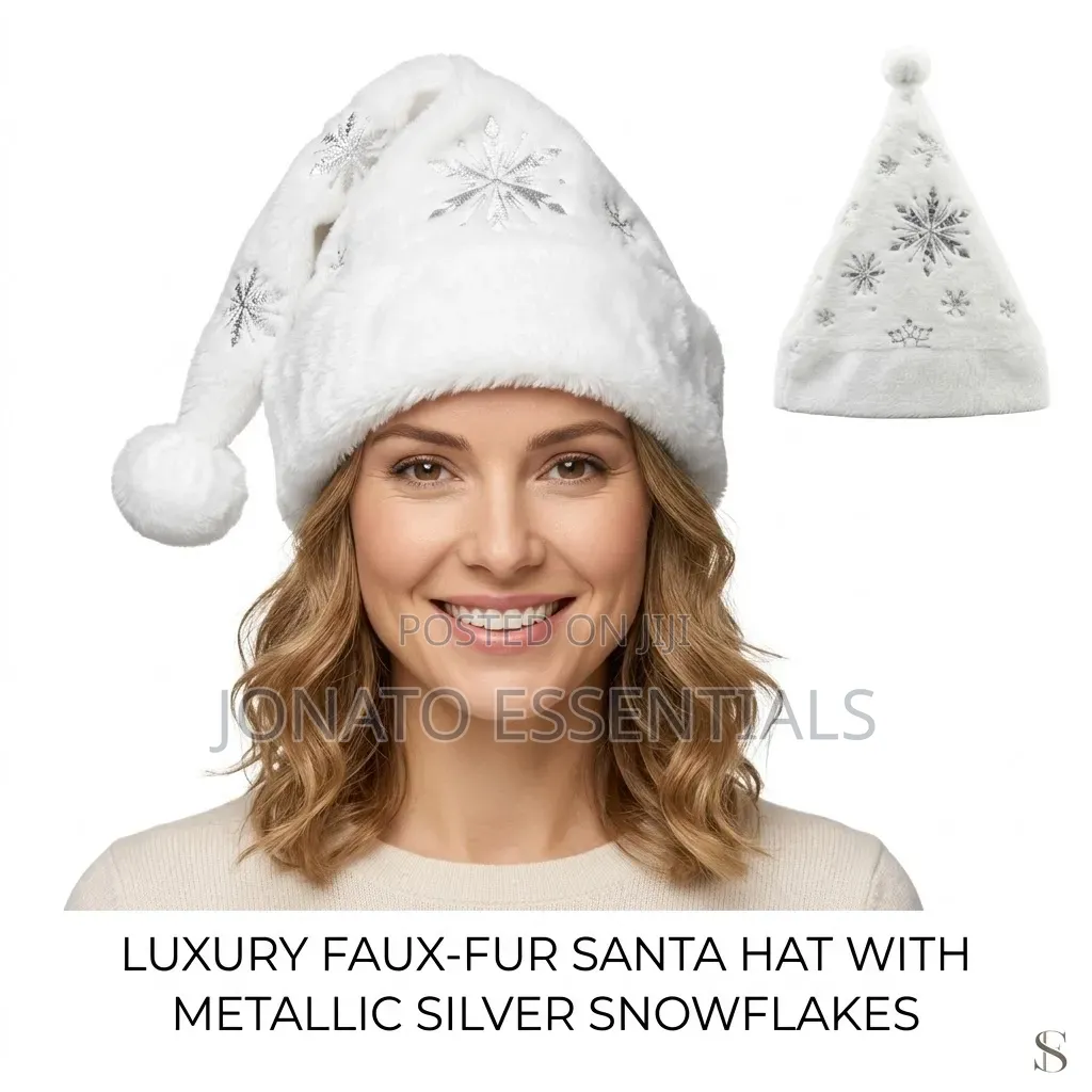 Plush White Christmas Santa Hat Silver Snowflake Holiday Cap