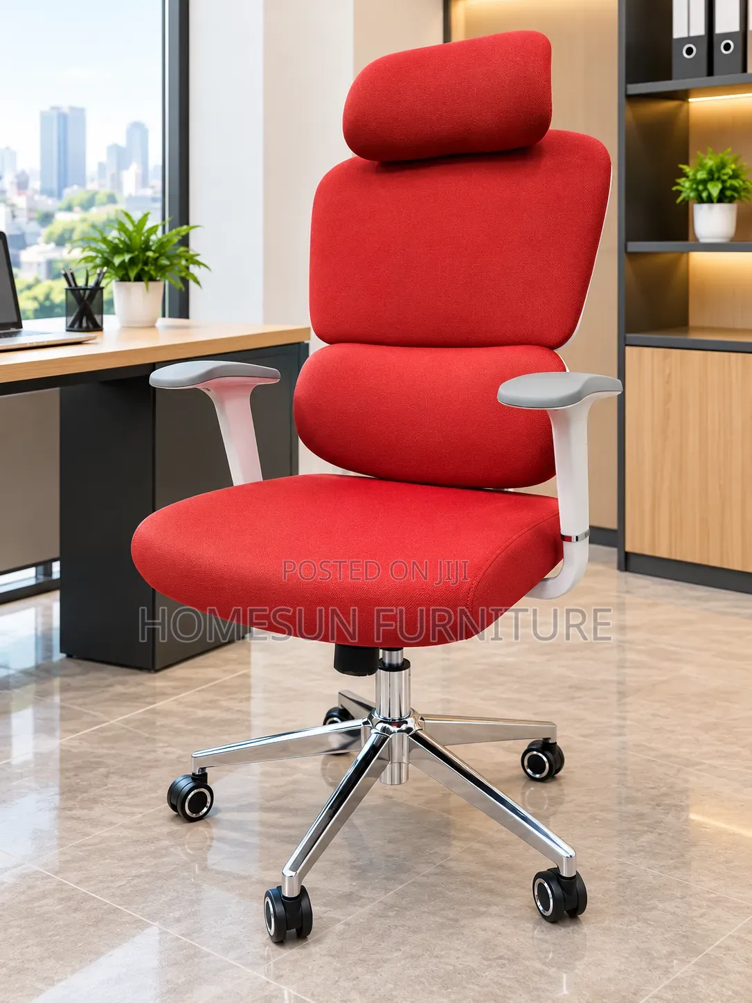 Office Chair – Red Ergonomic Swivel Chair With Headrest