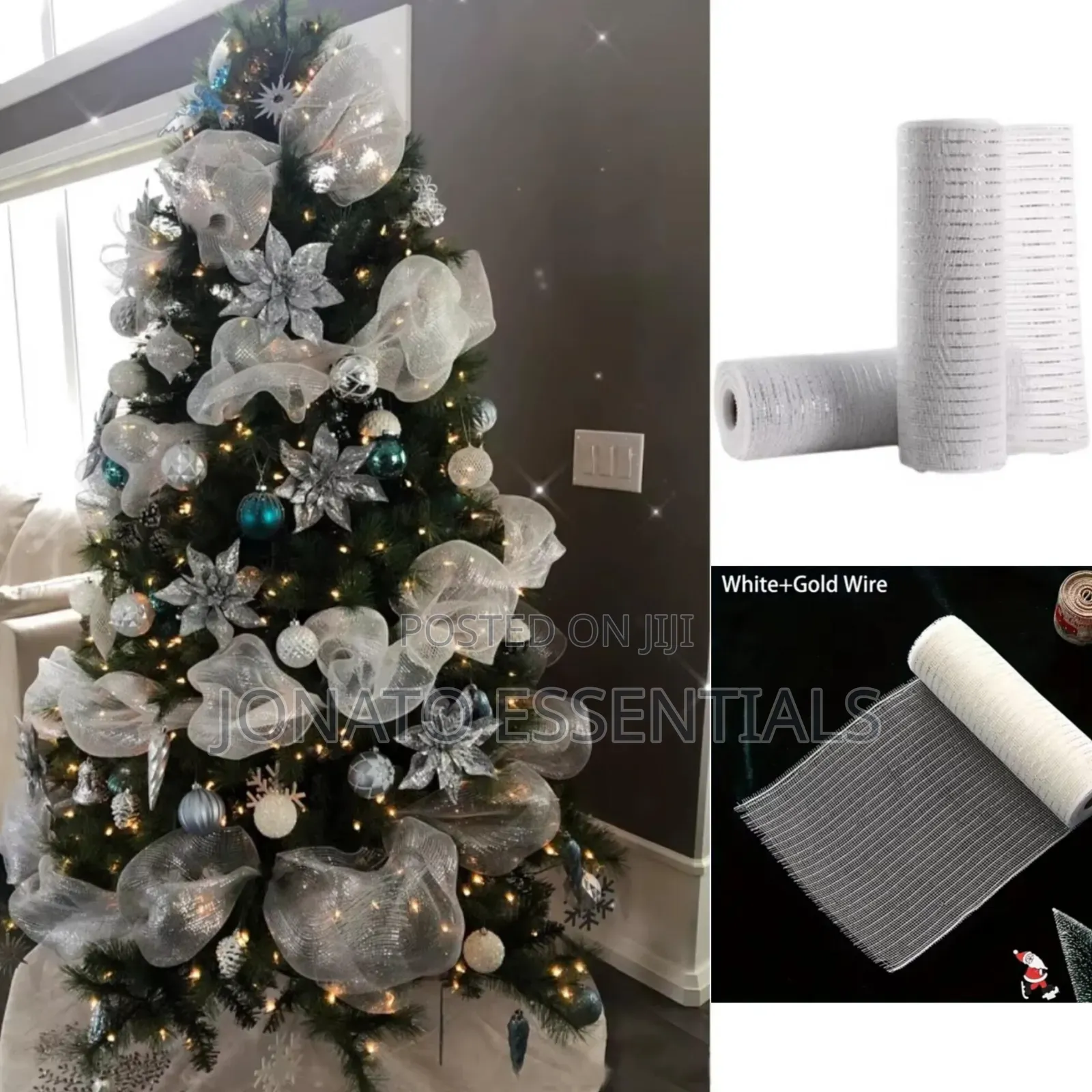 White Gold Christmas Tree Deco Mesh Ribbon Roll 30cm X 10M