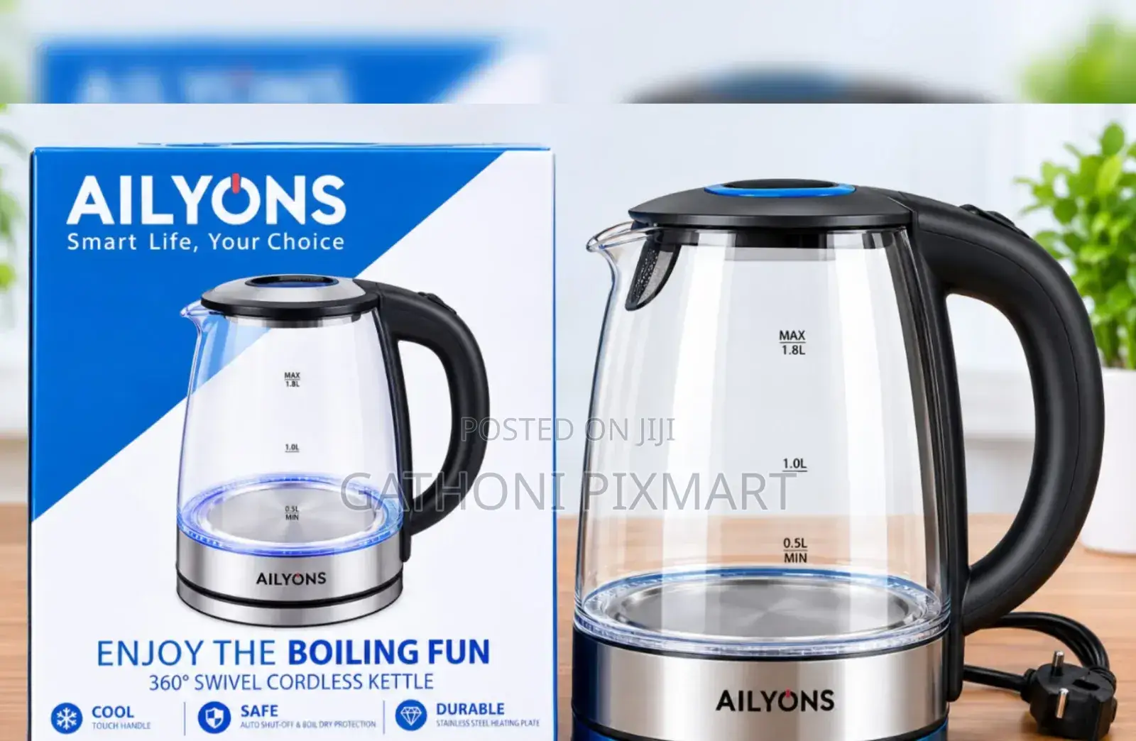 Ailyons FK-0311 1.8L Glass Electric Kettle With Blue LED Light
