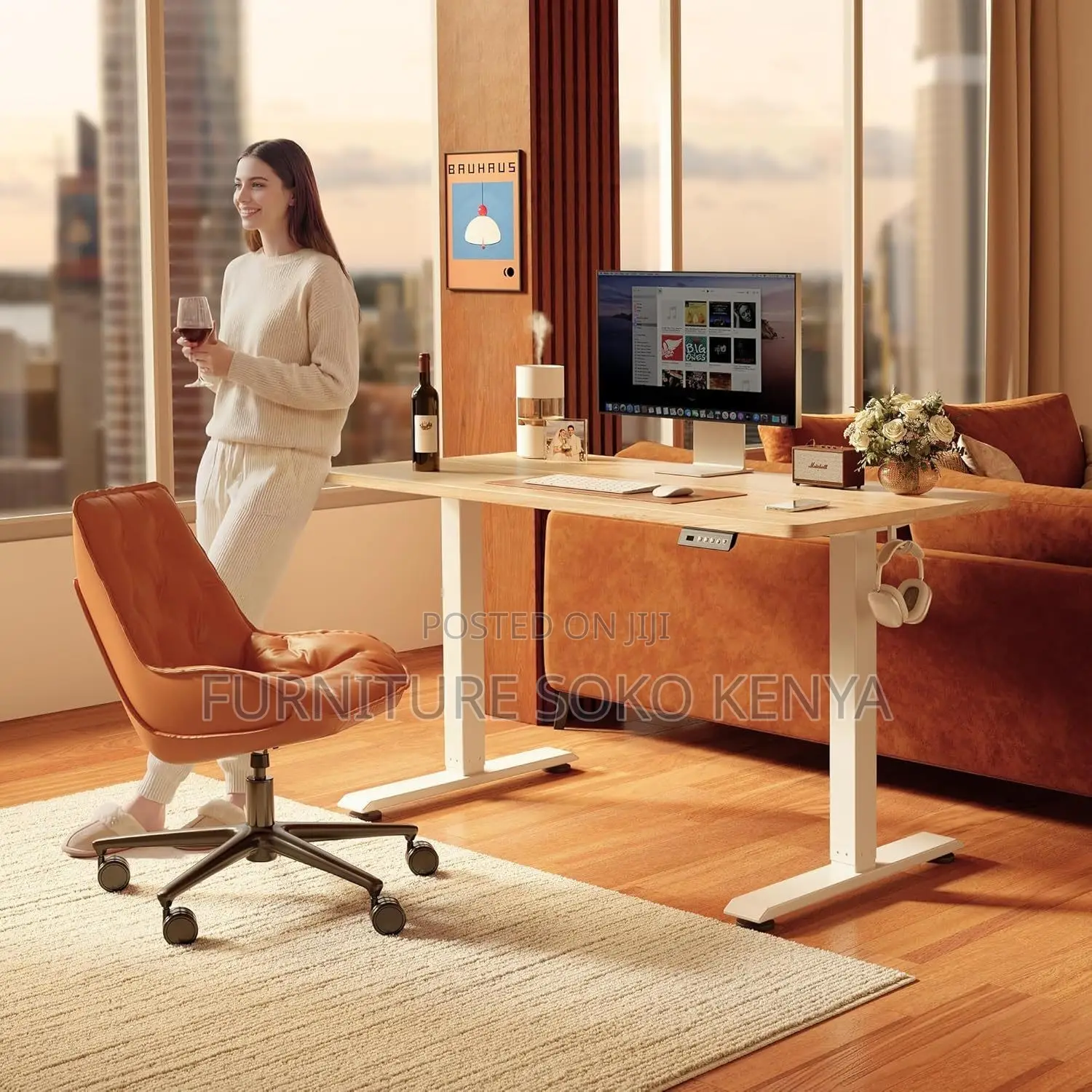 Office Desk : Walnut 120cm Electric Height-Adjustable Standing Desk