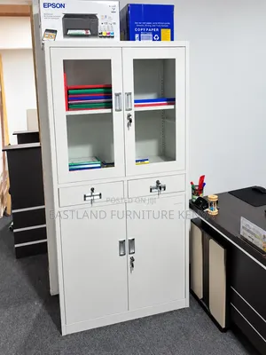 Steel Office Filing Cabinet With Glass Doors Lockable Drawers & Storag