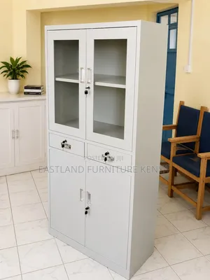Steel Office Filing Cabinet With Glass Doors and Lockable Drawers