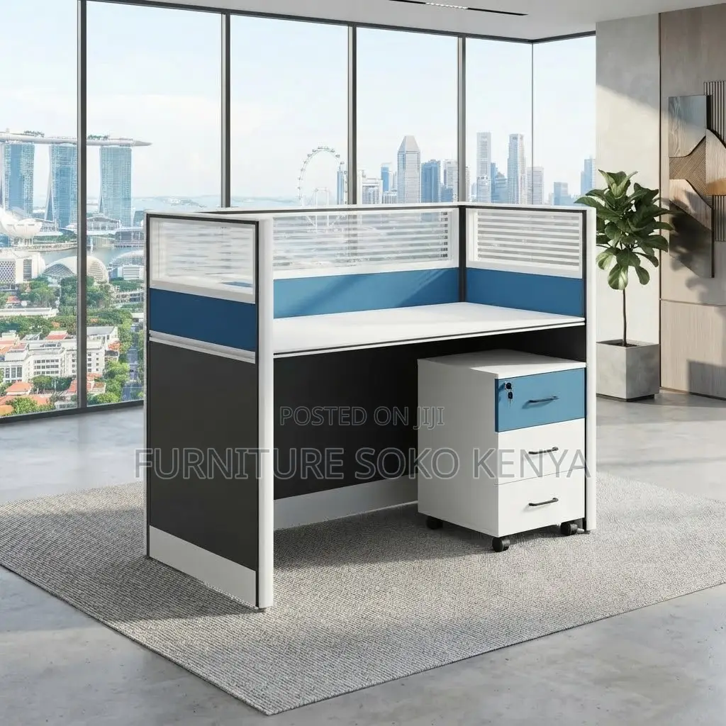 Office Workstation; One User Blue Station Table With Pedestal Cabinet