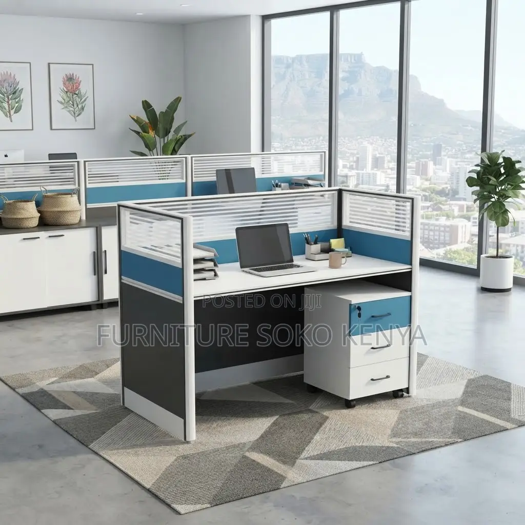 Office Workstation; One User Blue Station Table With Pedestal Cabinet