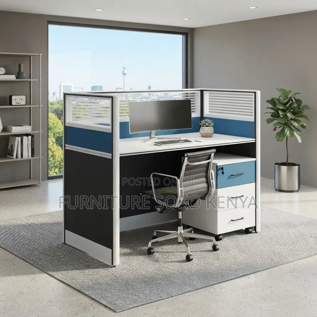 Office Workstation; One User Blue Station Table With Pedestal Cabinet