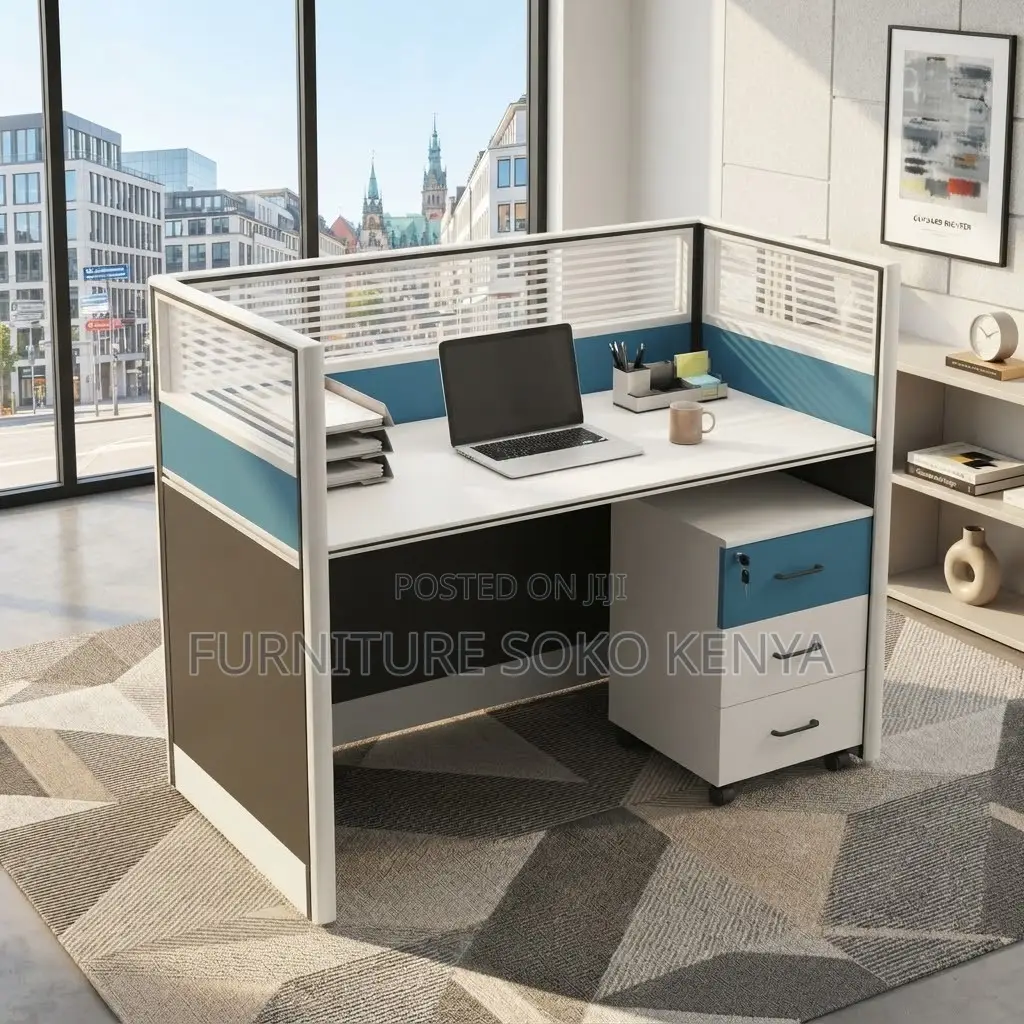 Office Workstation; One User Blue Station Table With Pedestal Cabinet