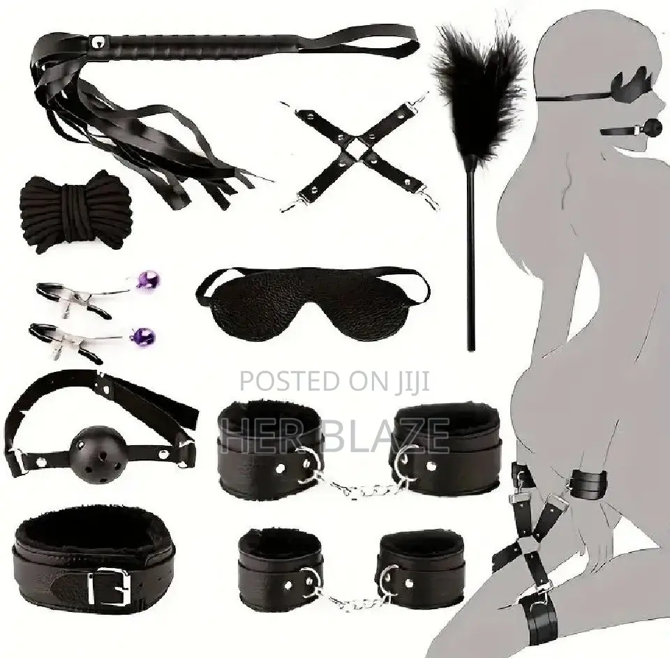 BDSM Kit Faux Fur Smooth Leather Black 10pcs for Women and Couples