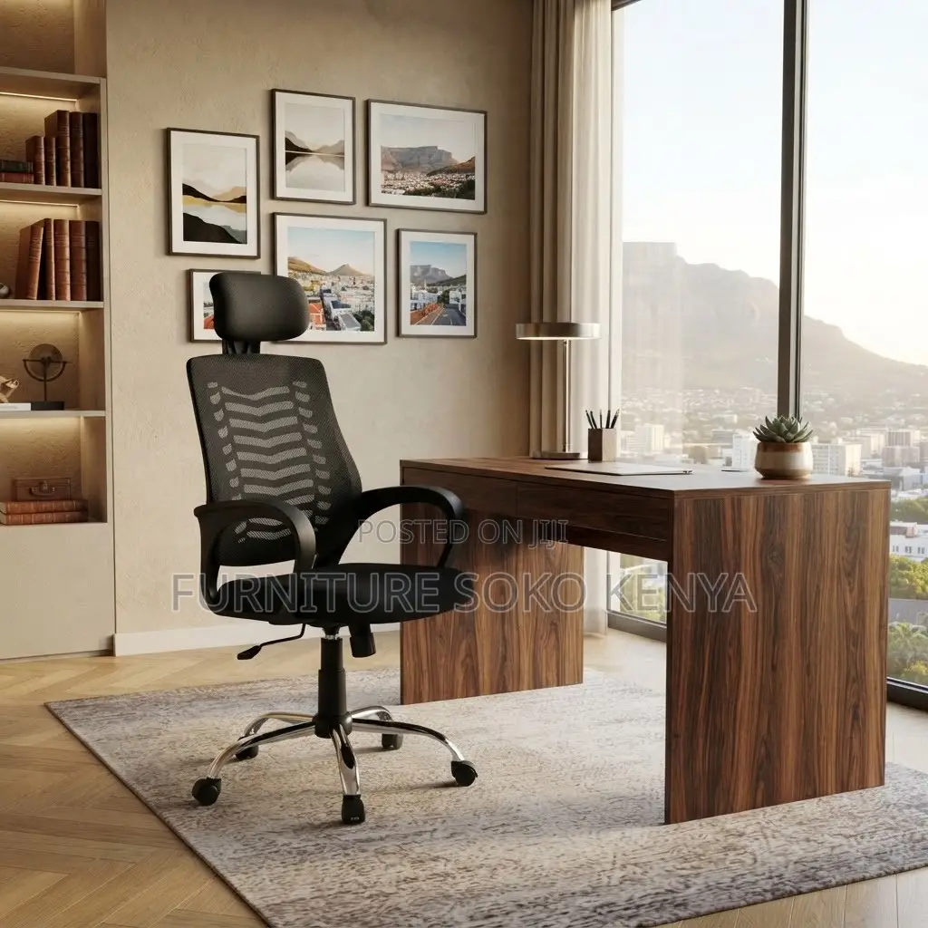 Office Chair: Standard Mesh Office Headrest Chair in Black