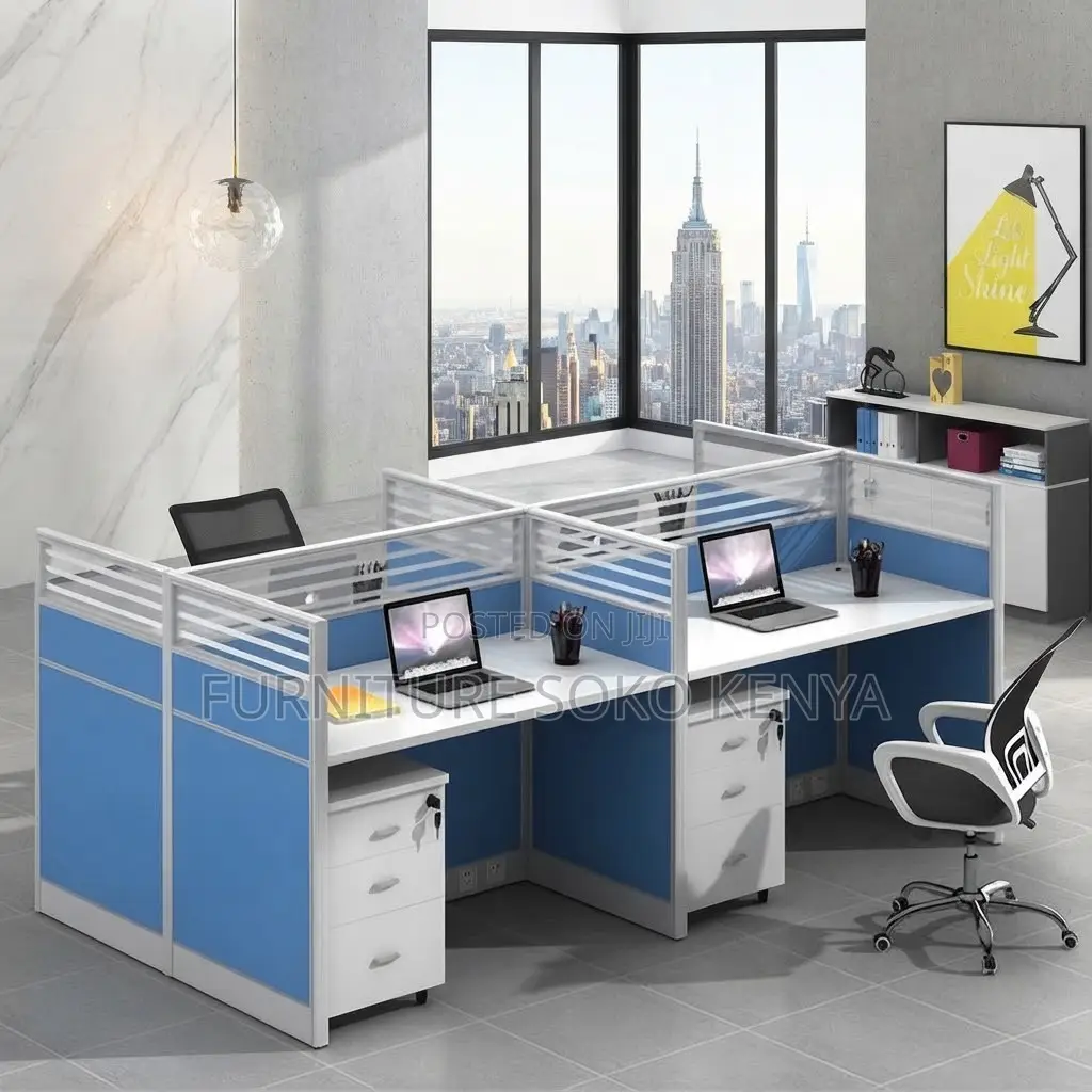 Office Workstations | Four Way Blue Modular Way Office Staff Table