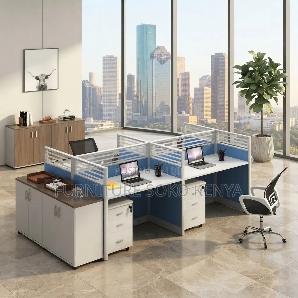 Office Workstations | Four Way Blue Modular Way Office Staff Table