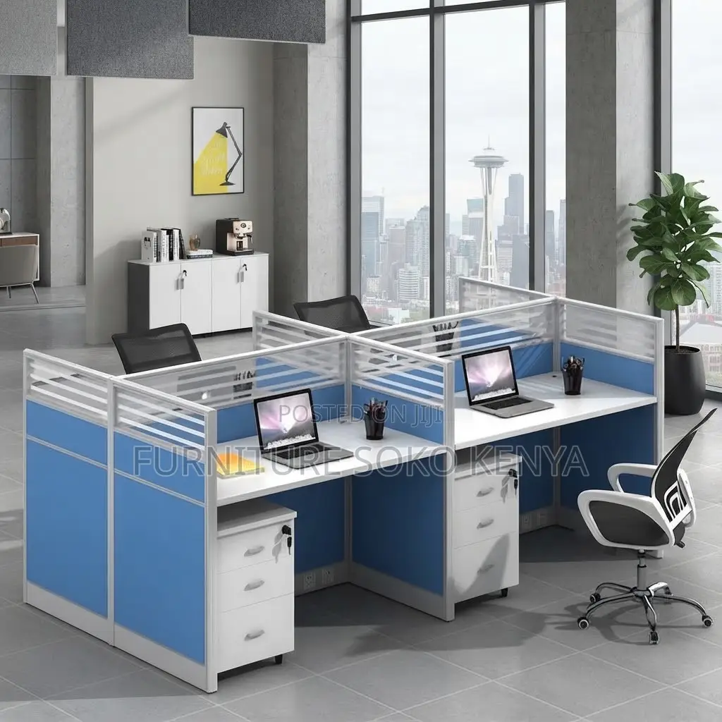 Office Workstations | Four Way Blue Modular Way Office Staff Table