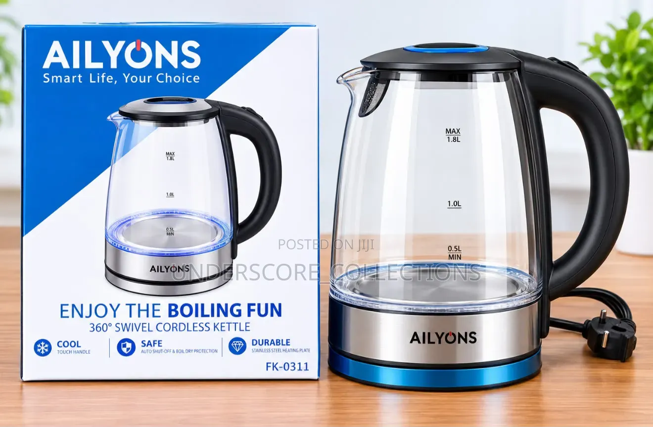 An Ailyons FK-0311 1.8L Cordless Glass Electric Kettle
