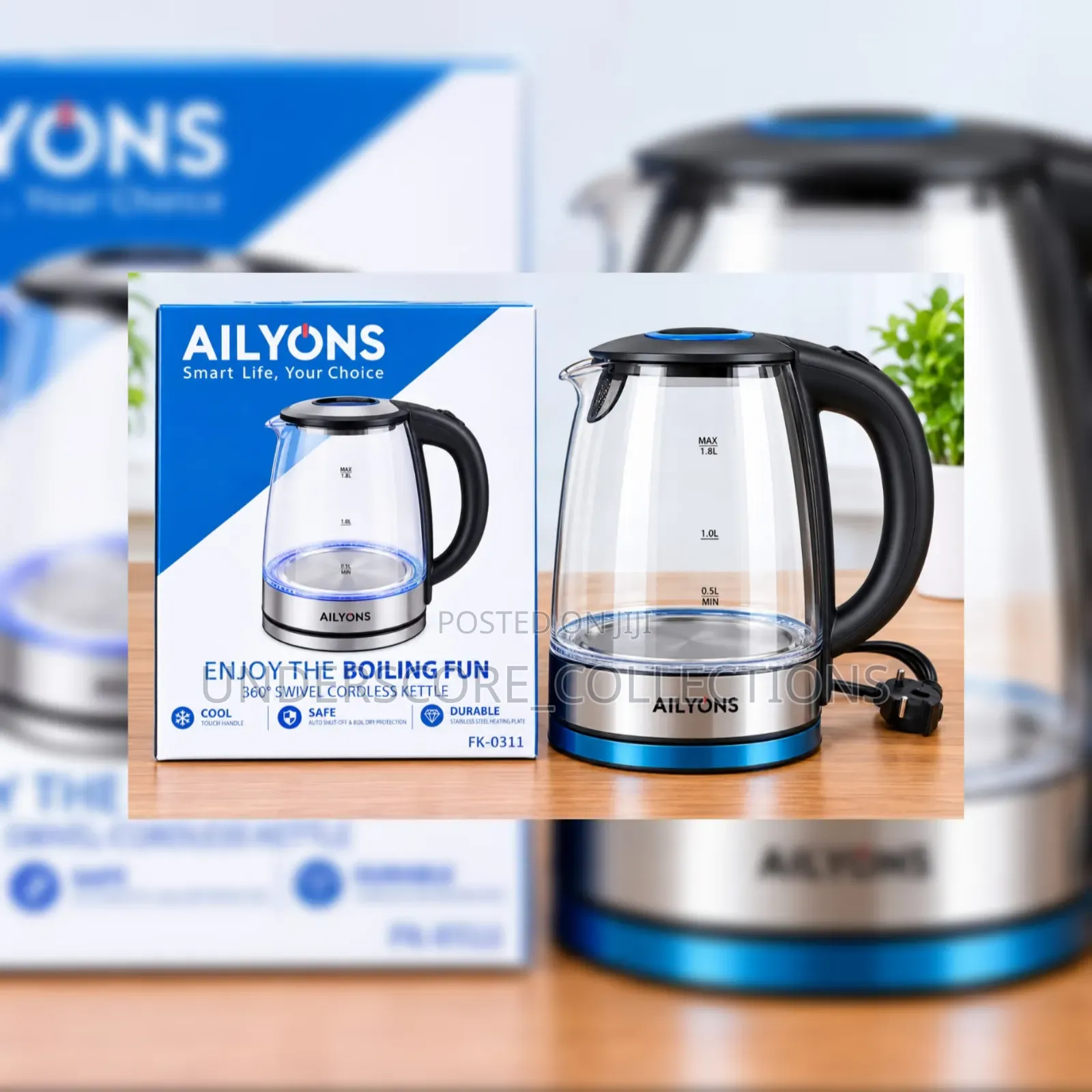 An Ailyons FK-0311 1.8L Cordless Glass Electric Kettle