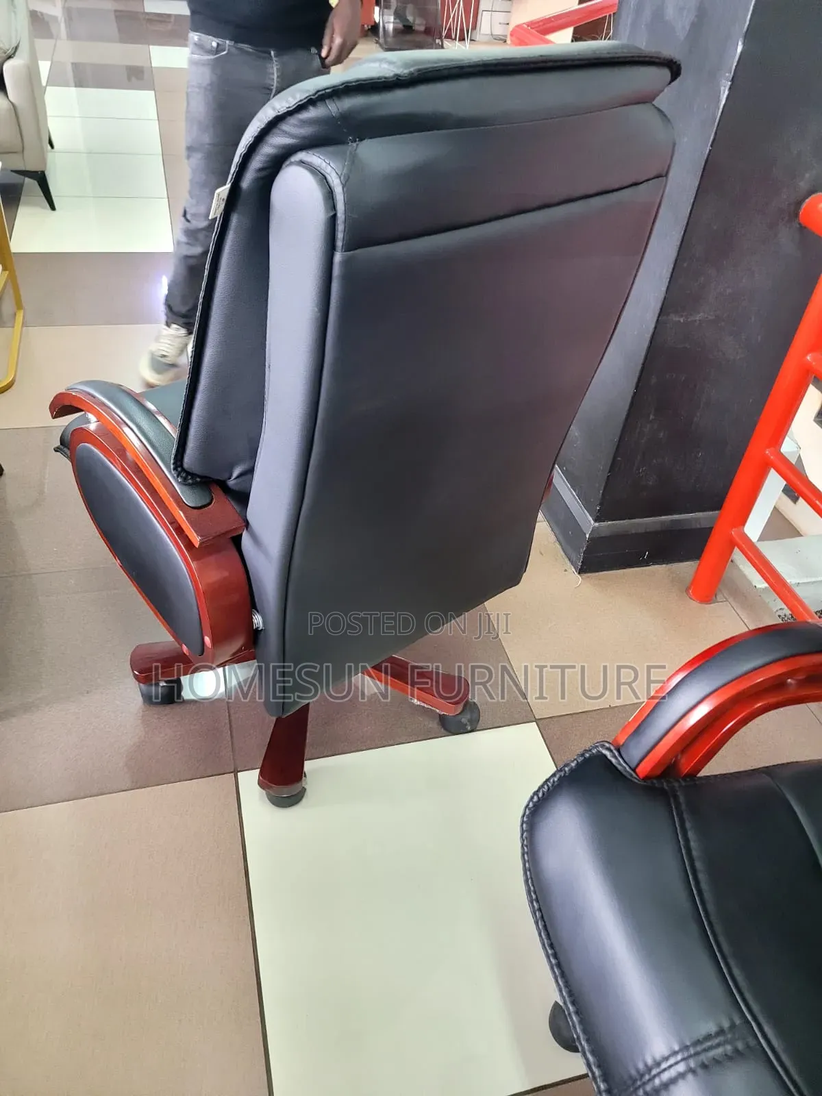 Office Chair Black Leather Executive Wooden Armrests