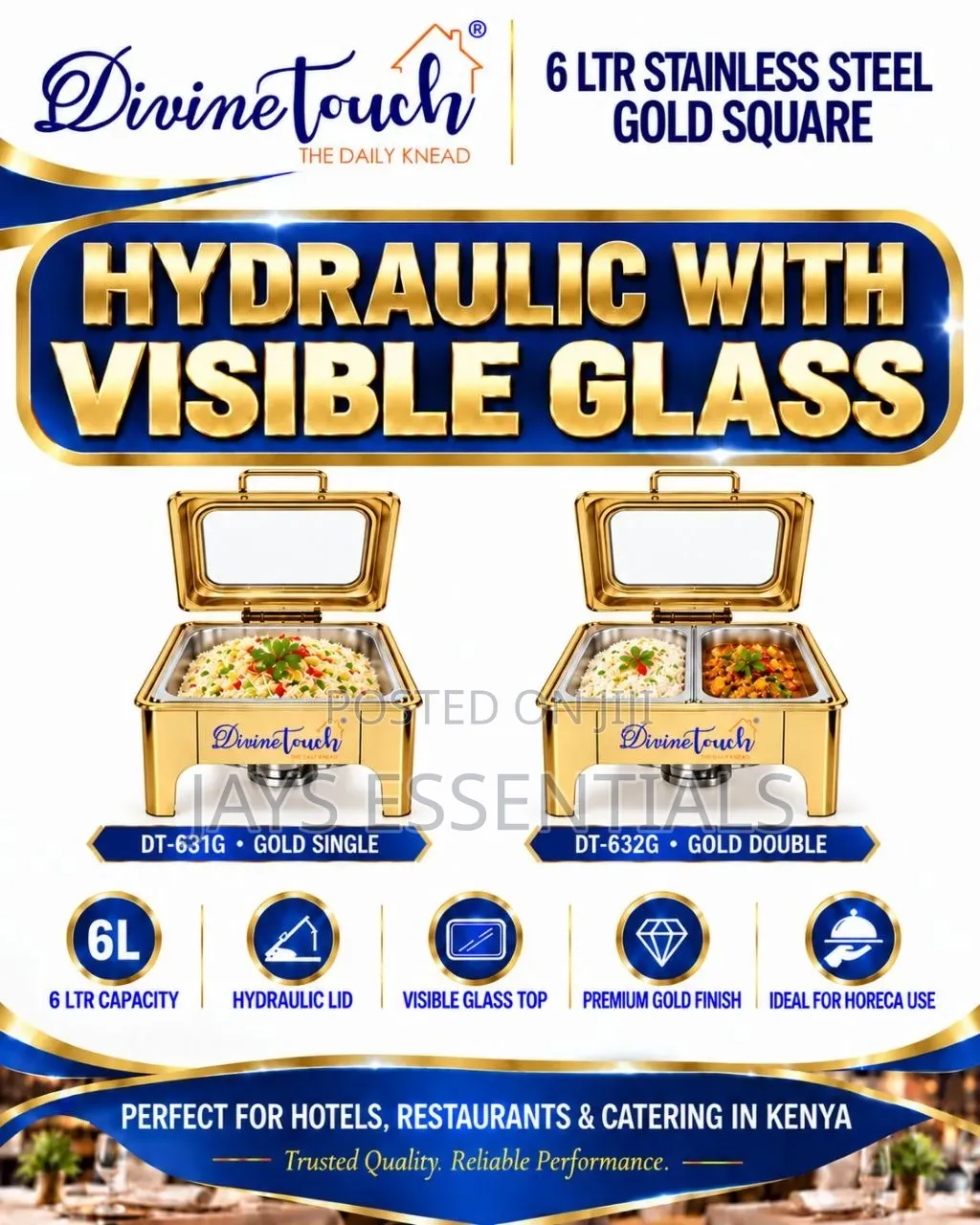 6L Square Hydraulic Chaffing Dish : Gold & Silver