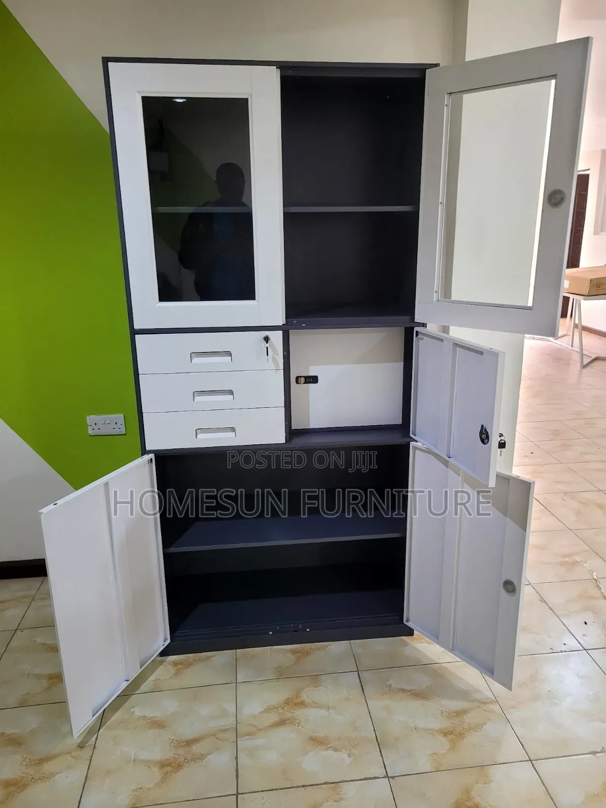 Office Cabinet White and Black With Glass Doors