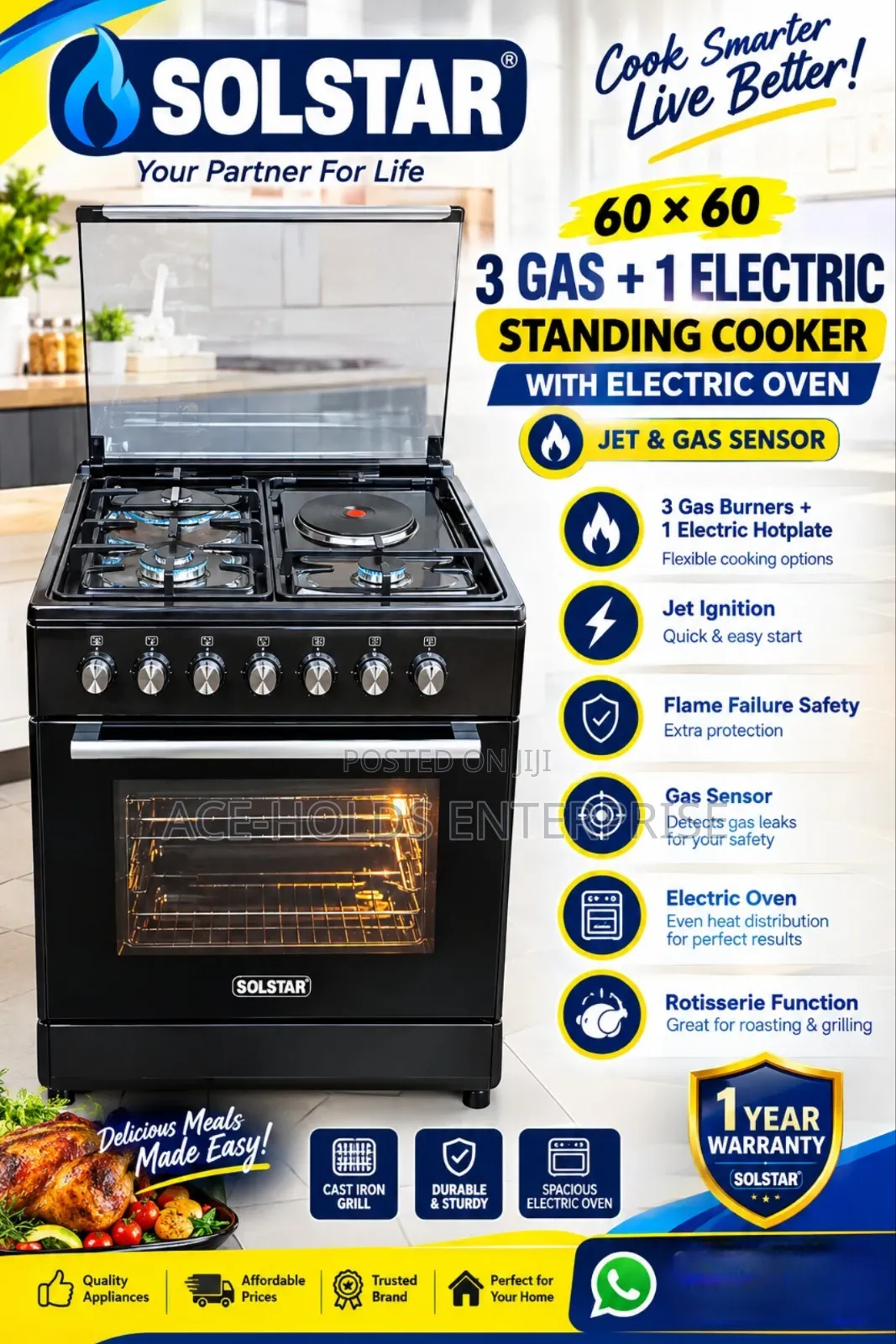Solstar 60*60- 3G + 1Ee Standing Cooker, Electric Oven (Gas Sensor)