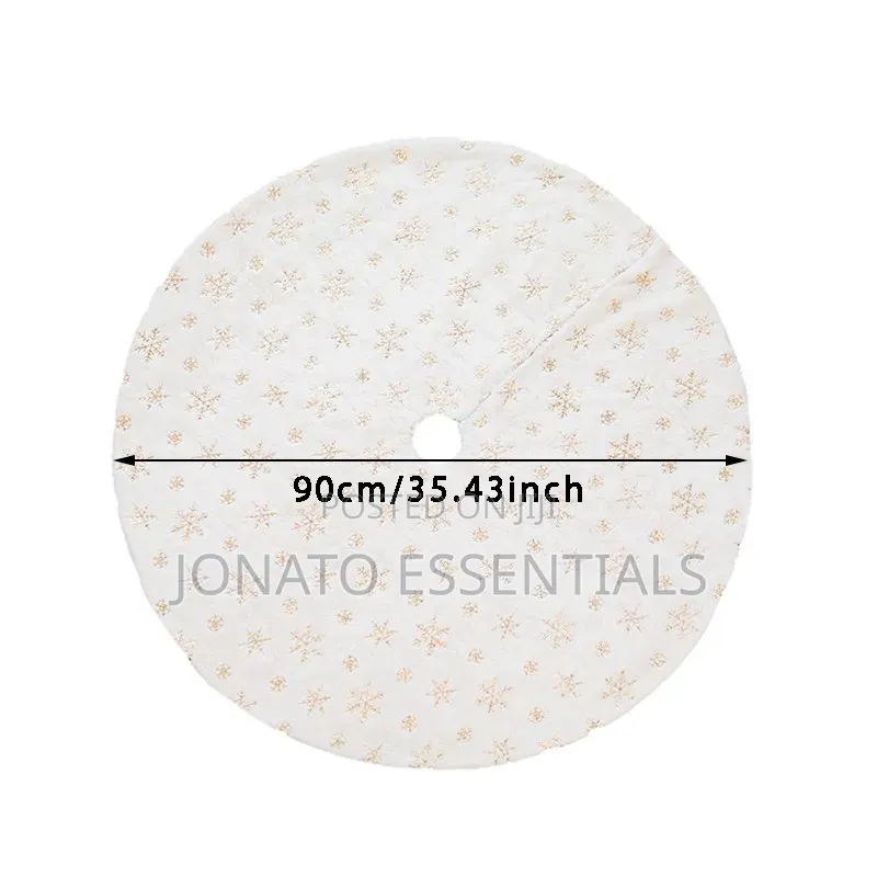 White Plush Christmas Tree Skirt 90cm Gold Snowflake Mat