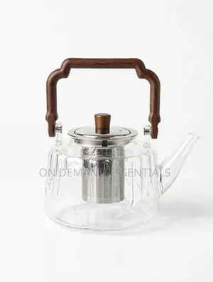 Ribbed Borosilicate Glass Teapot Square Wooden Handle