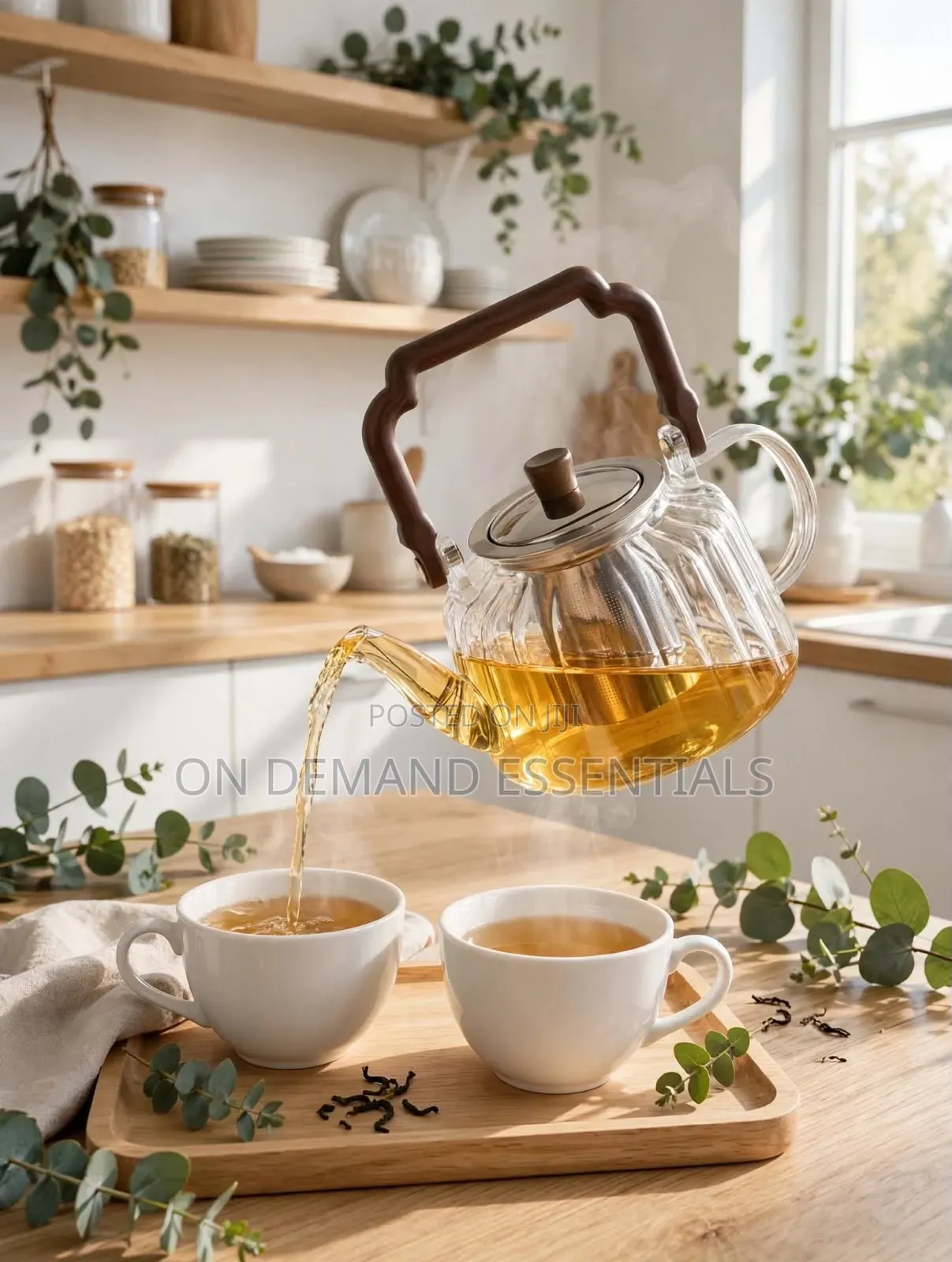 Ribbed Borosilicate Glass Teapot Square Wooden Handle