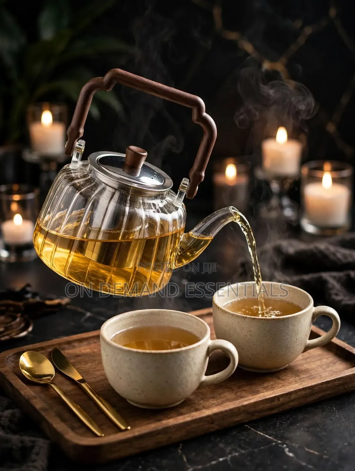 Ribbed Borosilicate Glass Teapot Square Wooden Handle