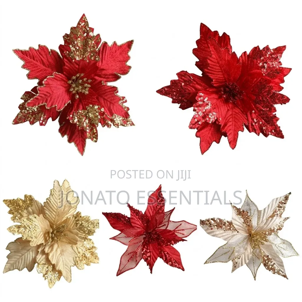 Christmas Tree Flower Decorations Glitter Poinsettia Ornaments