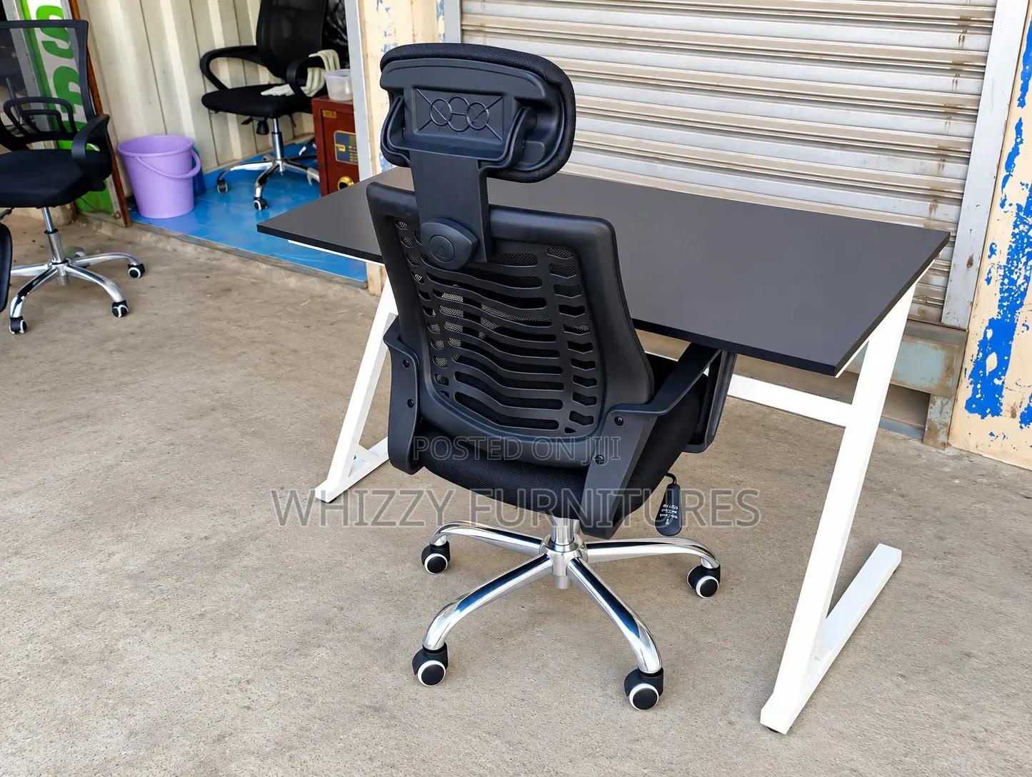 Home/Office Study Set: Metallic Desk+ Headrest Mesh Chair