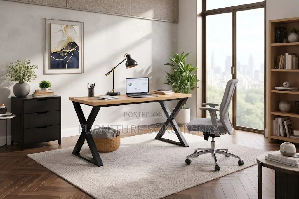 Home Office Table | Brown Metal Framed Computing Desk