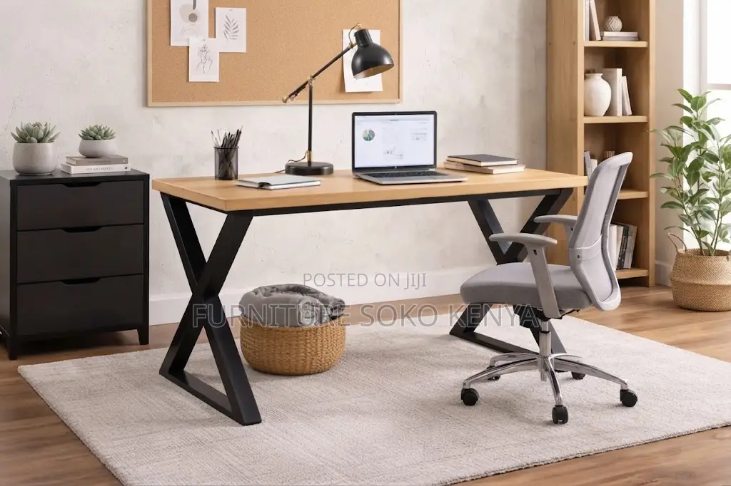 Home Office Table | Brown Metal Framed Computing Desk