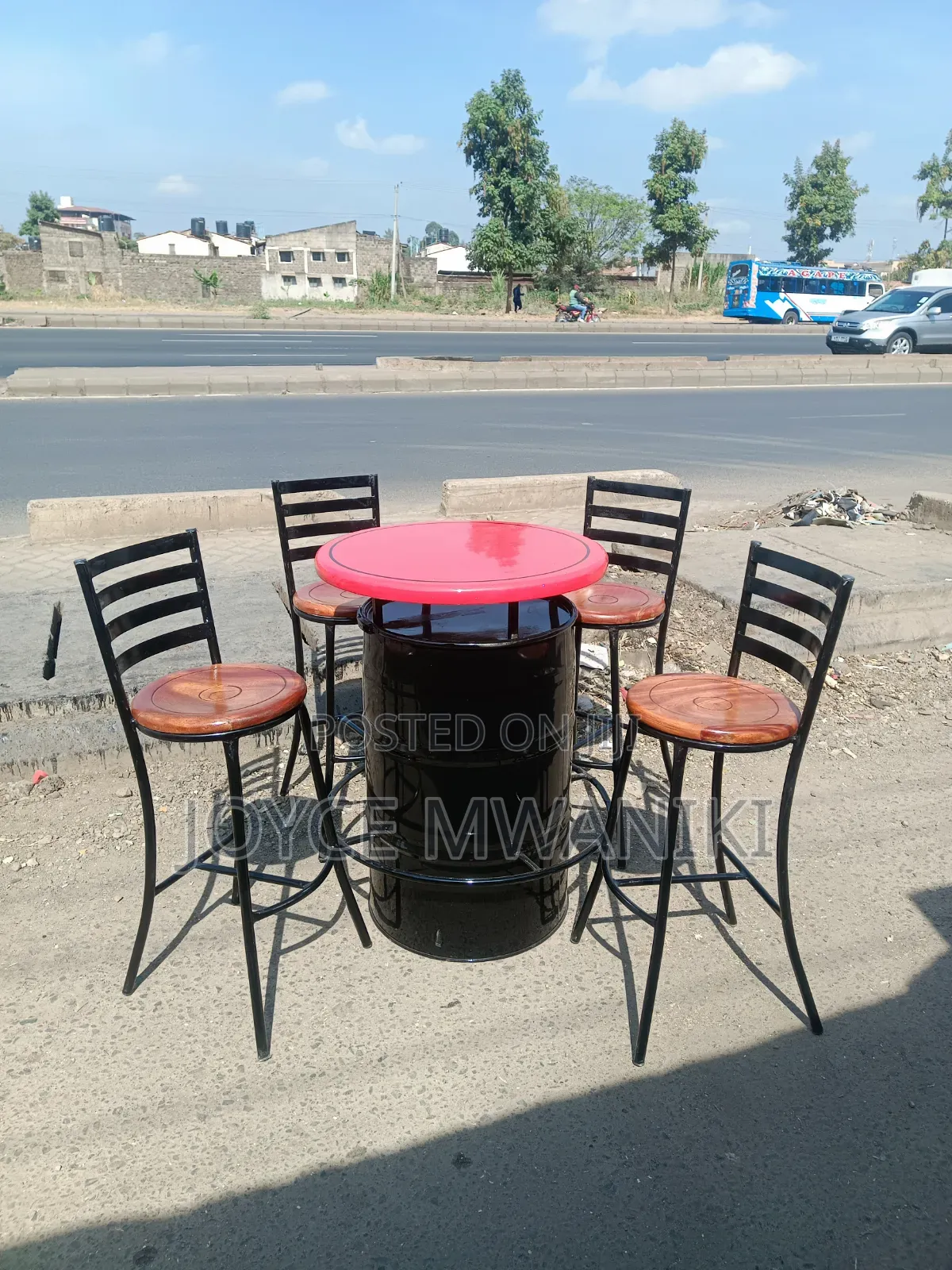 Bar Set of Wooden Round Mahogany Chairs and a Drum Table.