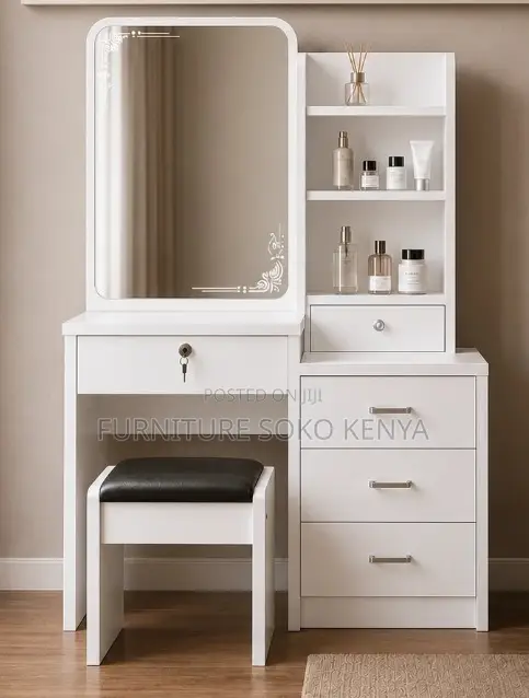 Modern Dressing Room Table | White Vanity Set With Sliding Mirrors