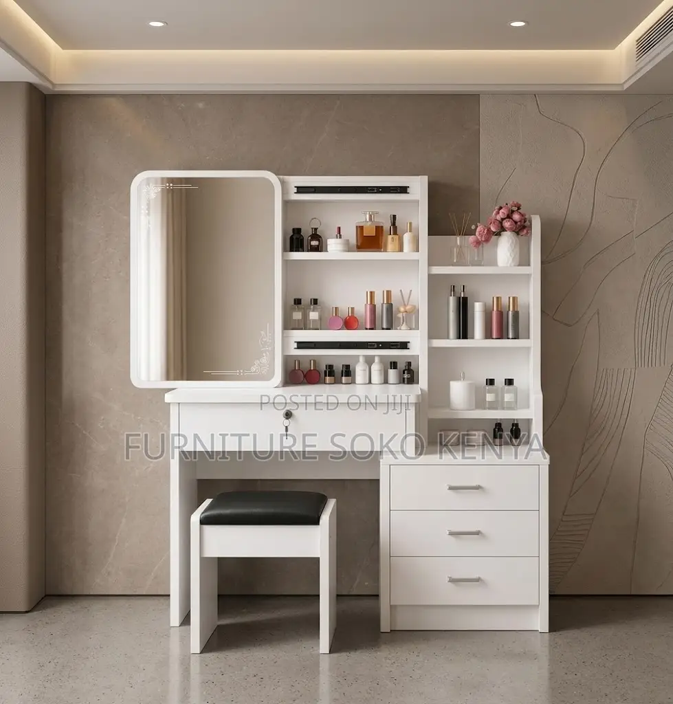 Modern Dressing Room Table | White Vanity Set With Sliding Mirrors