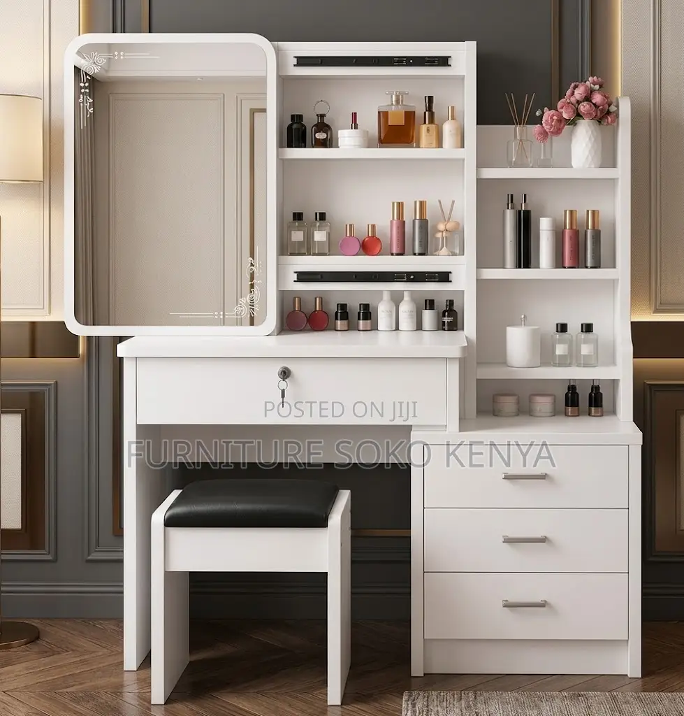 Modern Dressing Room Table | White Vanity Set With Sliding Mirrors