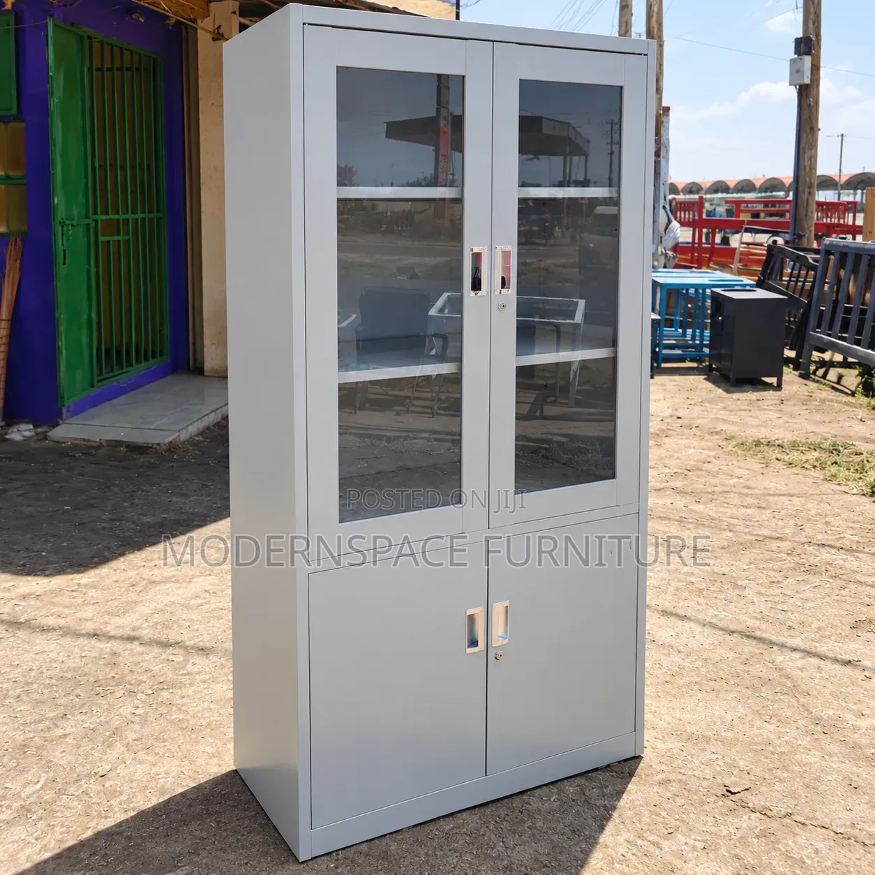 Grey Metal Office Cabinet With Glass Doors