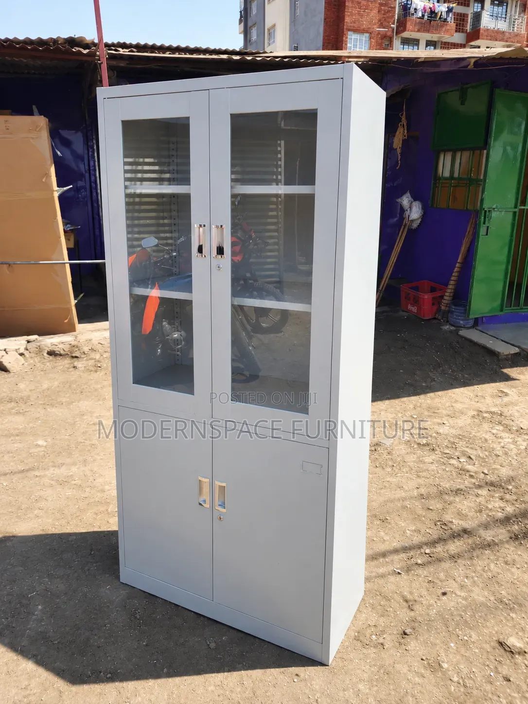 Grey Metal Office Cabinet With Glass Doors