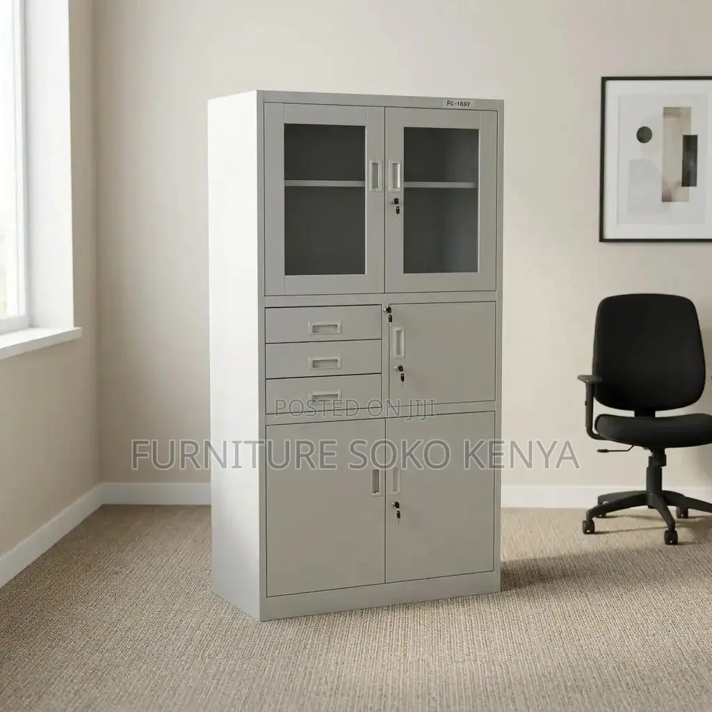 Stainless Cabinet With Safe | Two Doors Grey Cabinet With Glass View
