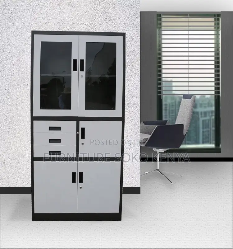 Stainless Cabinet With Safe | Two Doors Grey Cabinet With Glass View