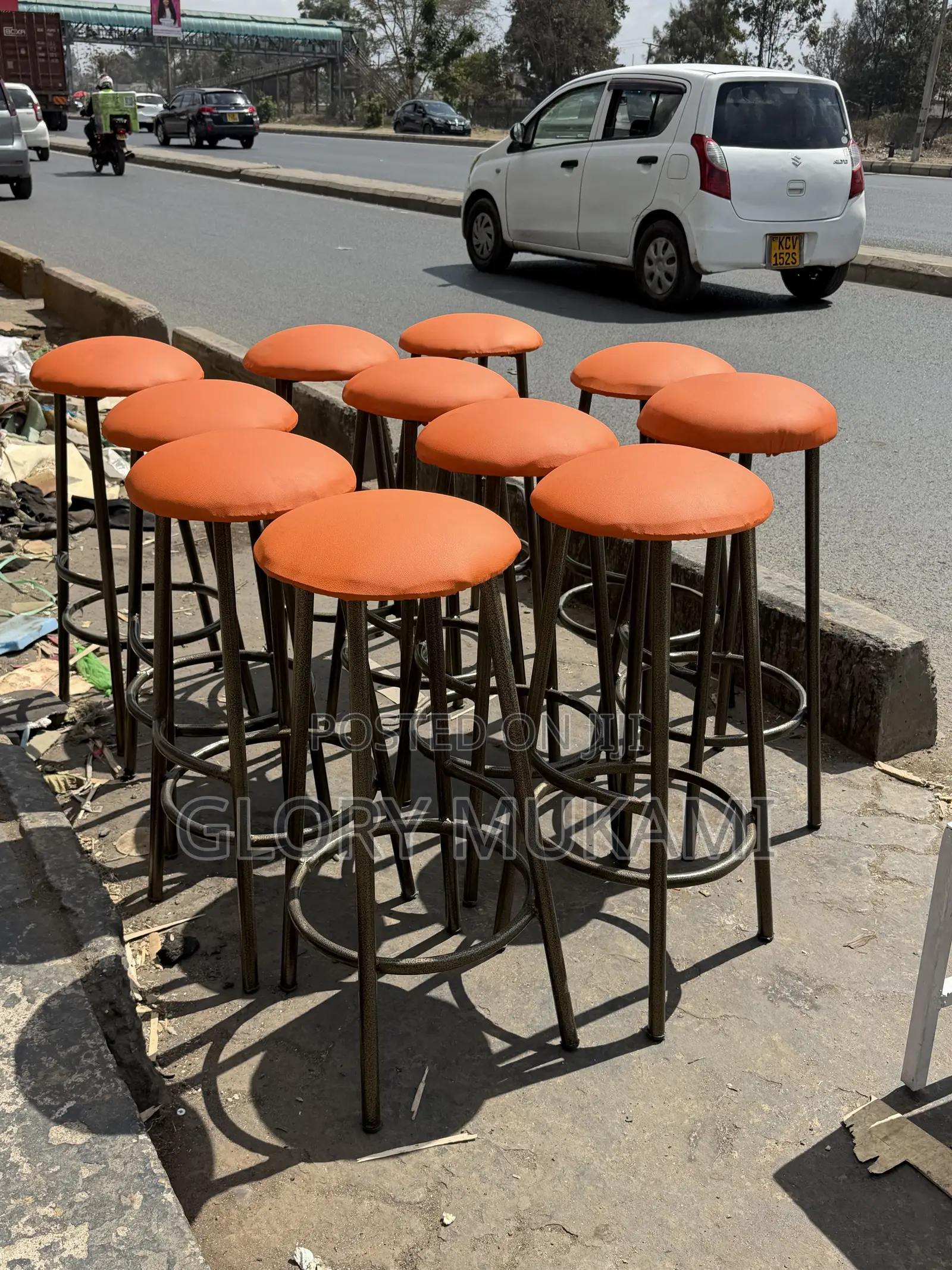 Orange Leather Backless Stool
