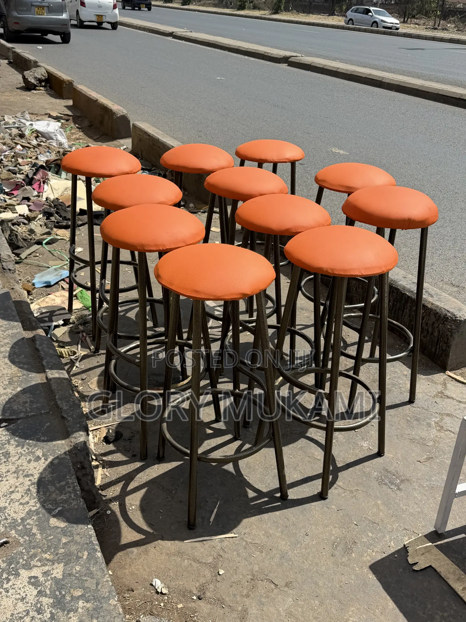 Orange Leather Backless Stool