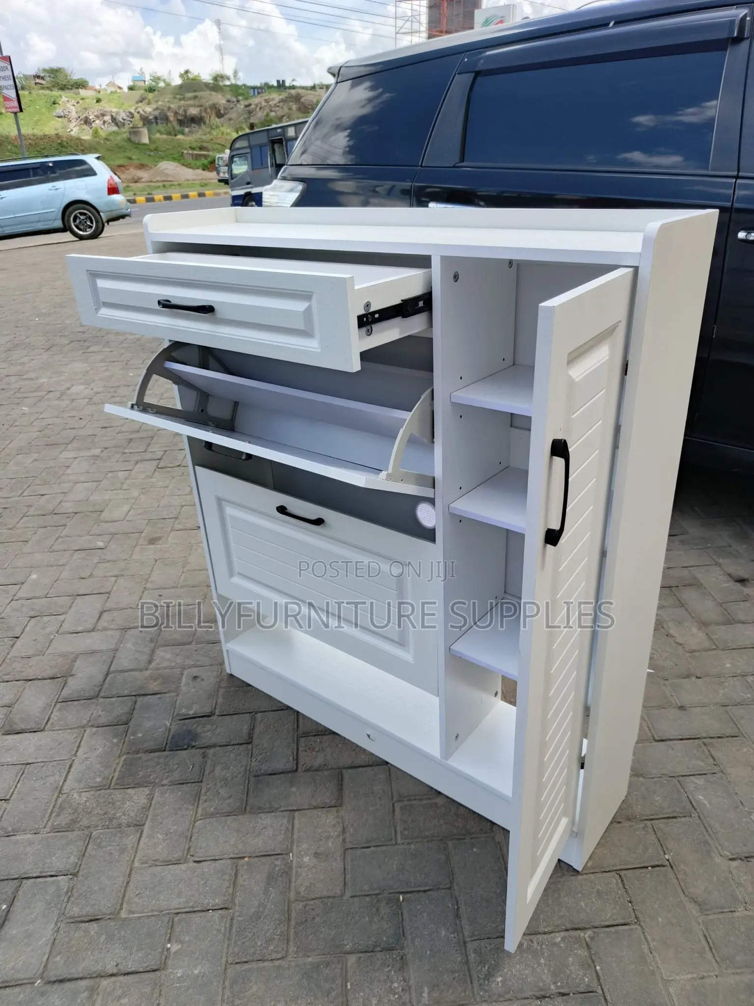 Modern White Wooden Shoe Rack Cabinet With Drawers and Storage Door –