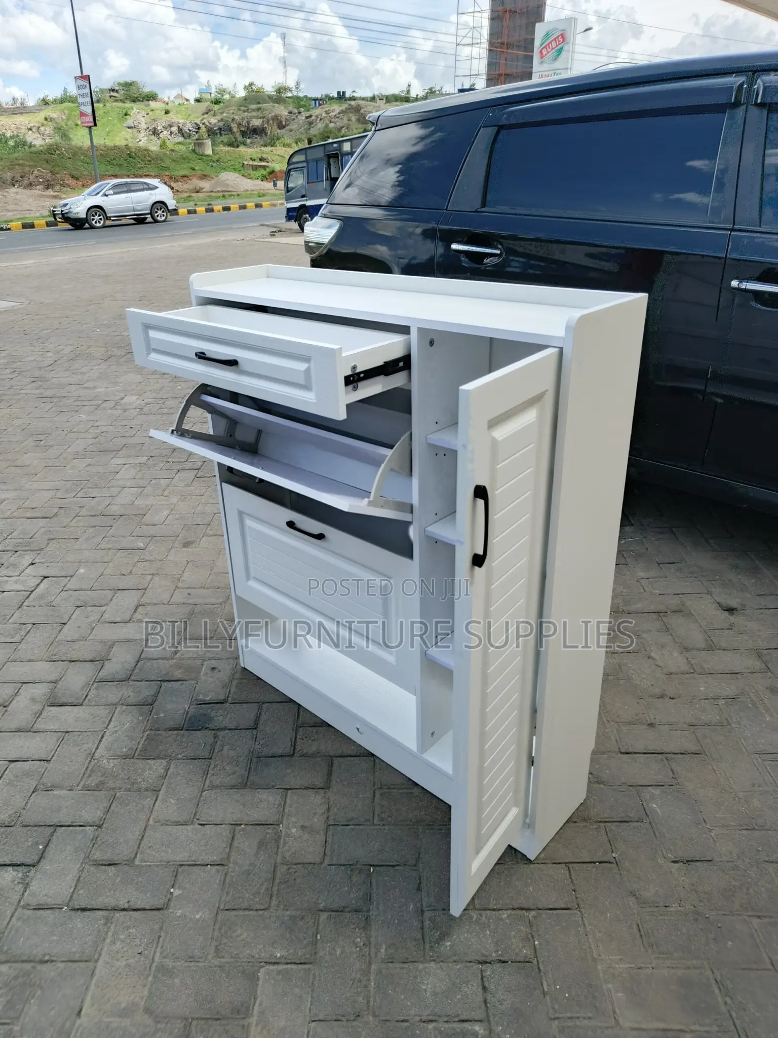Modern White Wooden Shoe Rack Cabinet With Drawers and Storage Door –