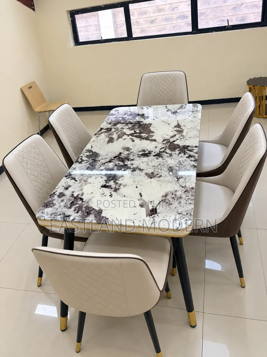Modern Marble-Effect Dining Table With 6 Cream Upholstered Chairs