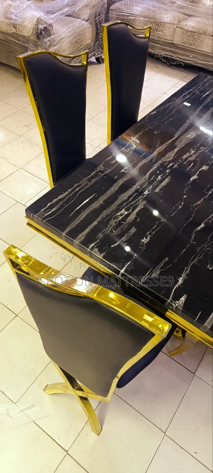 Executive Black Marble 6-Seater With Gold X-Frame Chairs. We Deliver!