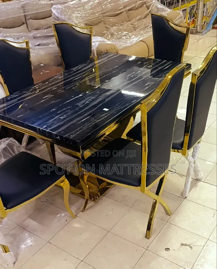 Executive Black Marble 6-Seater With Gold X-Frame Chairs. We Deliver!