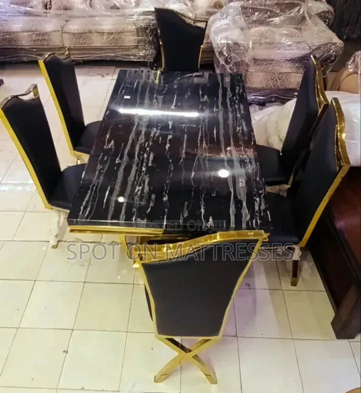 Executive Black Marble 6-Seater With Gold X-Frame Chairs. We Deliver!