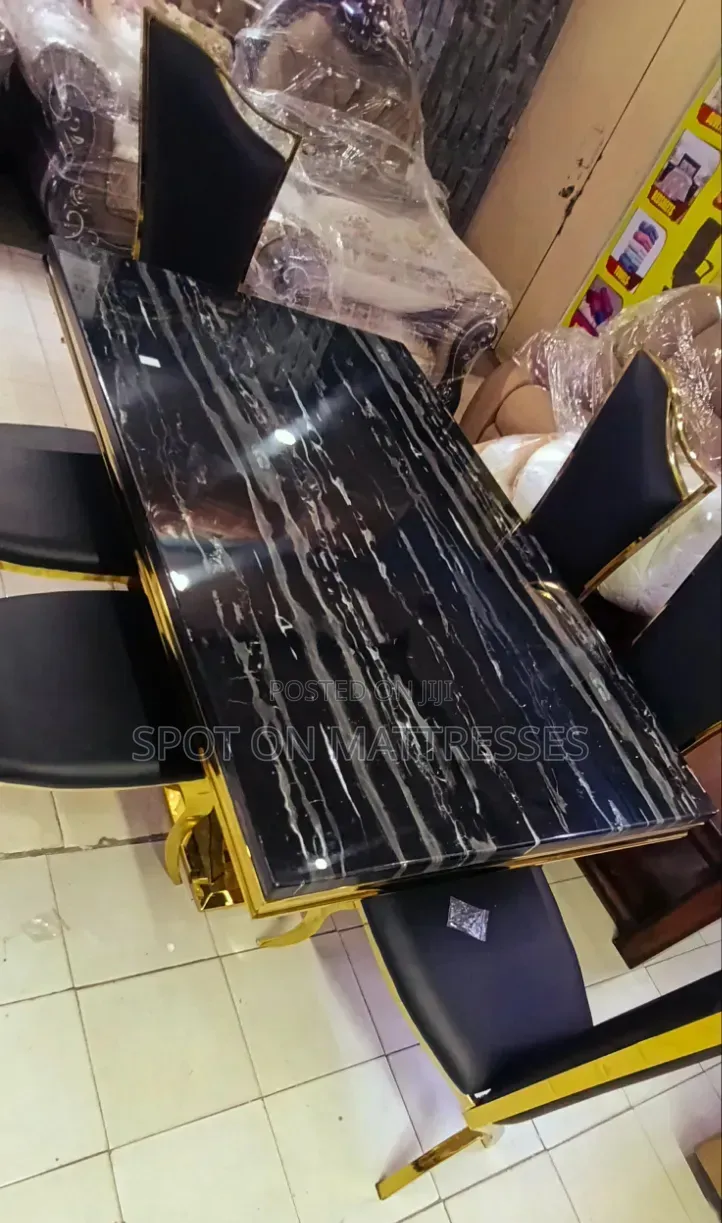 Executive Black Marble 6-Seater With Gold X-Frame Chairs. We Deliver!
