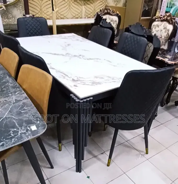 White Marble Effect 6-Seater Family Dining Set With 6 Leather Chairs