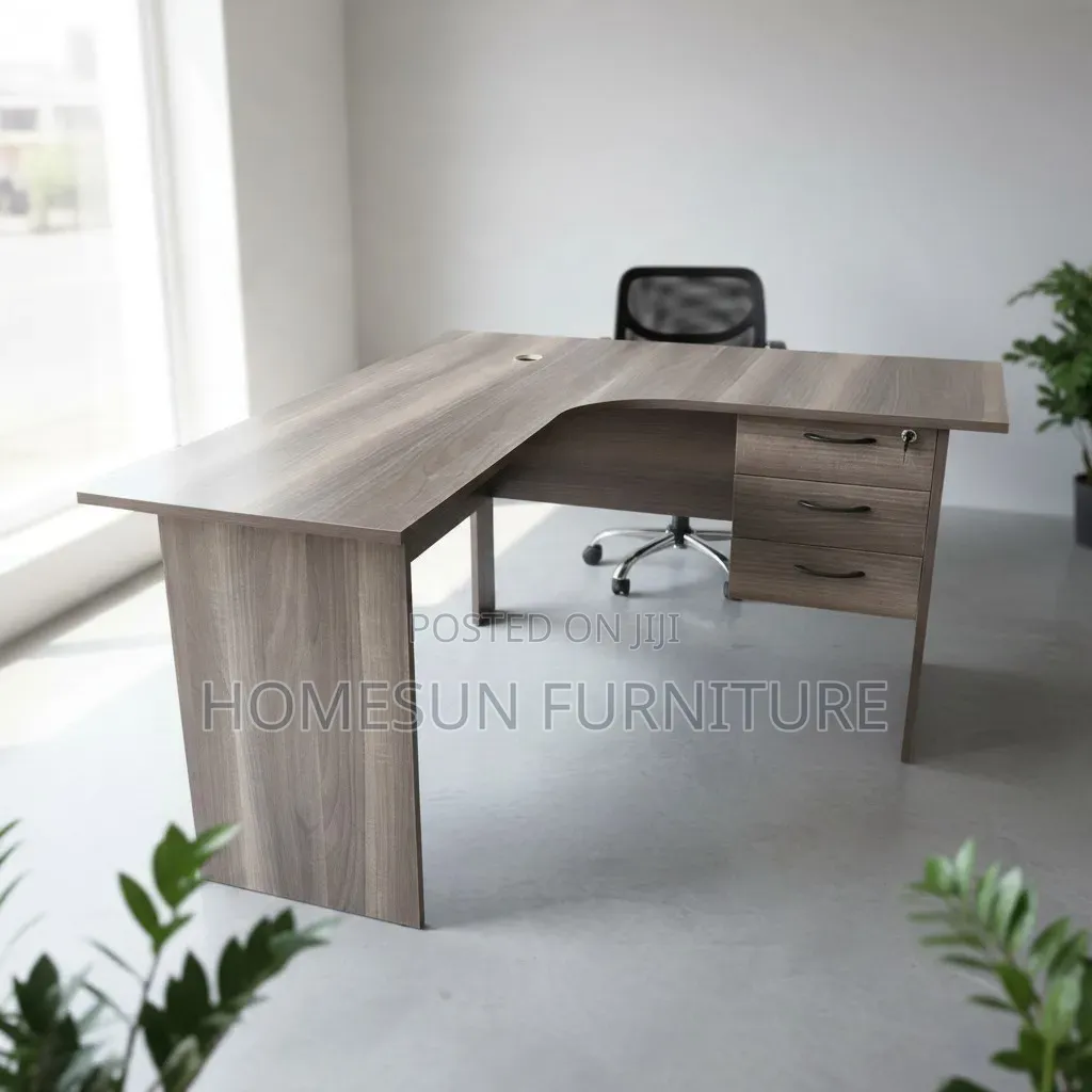Office Desk – Brown L-Shaped Desk With 3 Drawers