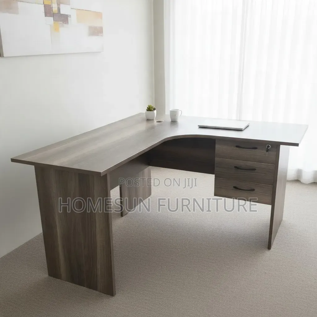 Office Desk – Brown L-Shaped Desk With 3 Drawers